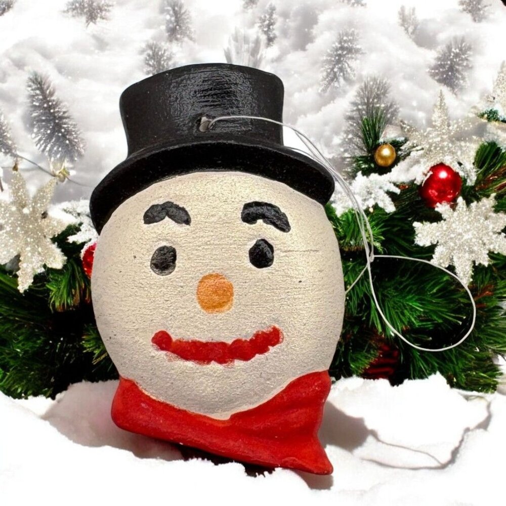 Vintage Snowman Head Christmas Tree Ornament Hand Painted with Top Hat Red Scarf